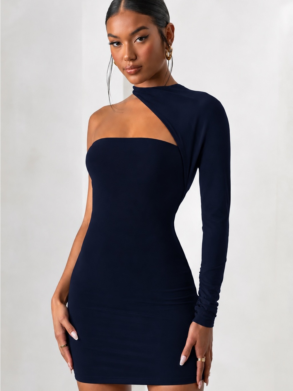 Club L London Perfect Touch Navy One-Shoulder Long Sleeve Mini Dress - NWT